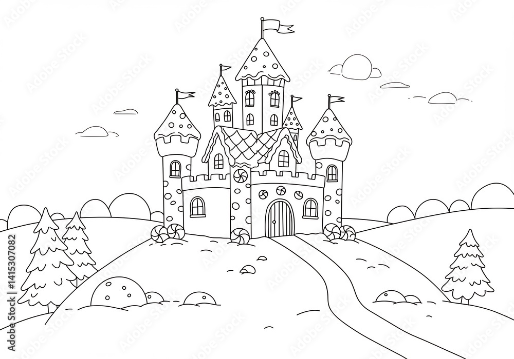 Obraz premium Black And White Illustration Of A Fairytale Castle On A Hill