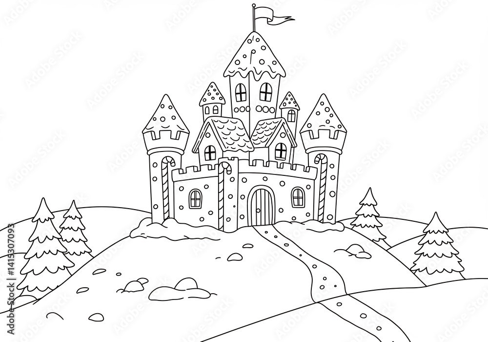 Naklejka premium Black And White Illustration Of A Snow Covered Castle