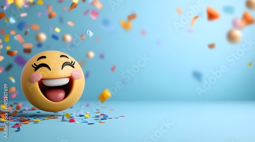 Laughing emoji celebrating international joke day with falling confetti