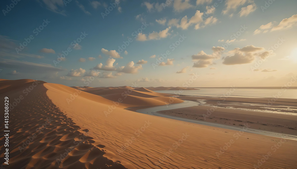 Fototapeta premium Tranquil Horizons: Soft Shadows and Reflecting Water Enhance the Peaceful Flow of Endless Desert Dunes.