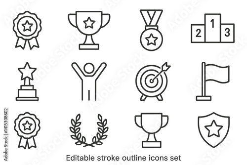Collection of vector illustration line icons depicting trophies, awards, and accomplishments in a minimalistic style suitable for various projects