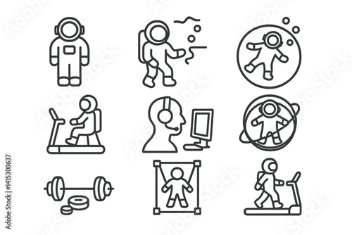 Line icons depicting astronauts engaged in various activities including exercise, communication, and space exploration