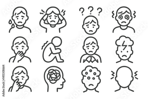 Collection of vector line icons depicting various emotional expressions and mental states in a minimalist style