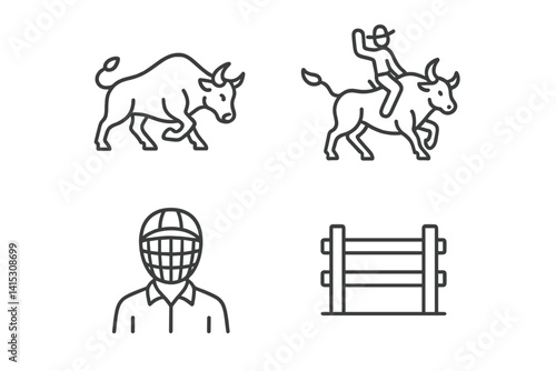 Vector illustration of bull riding activity with bull, rider, helmeted cowboy, and corral in a western setting