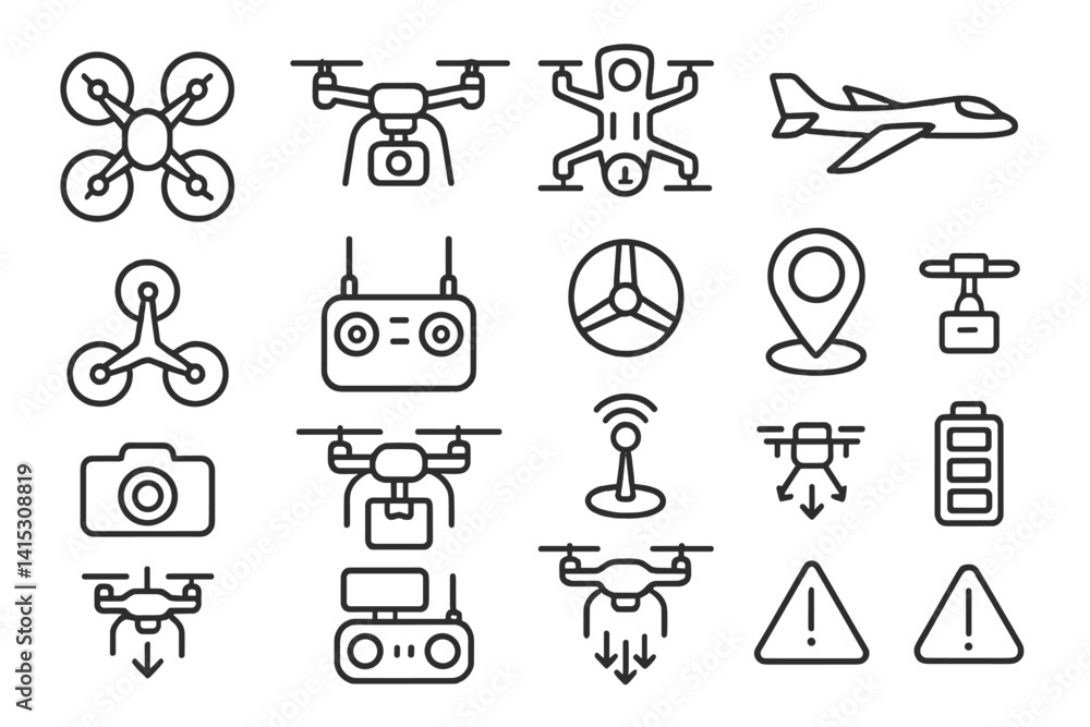 Vector illustration of line icons depicting drone technology, aviation, and related elements in a modern style Vector illustration of line icons depicting drone technology, aviation, and related elements in a modern style