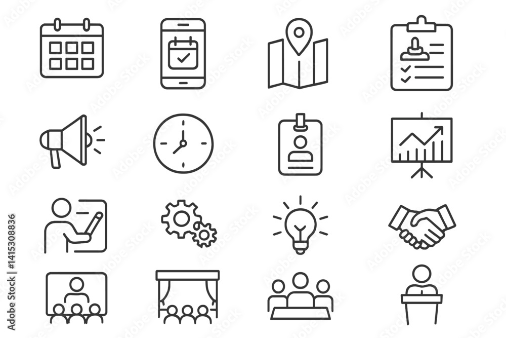 Fototapeta premium Vector illustration of line icons representing planning, organization, and meetings for various professional activities