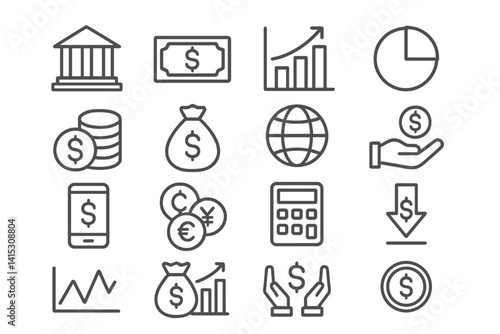 Vector illustration of finance and economics line icons showcasing money, banking, and investment concepts