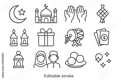 Vector illustration of line icons depicting cultural symbols, festivities, and activities related to celebration and community events