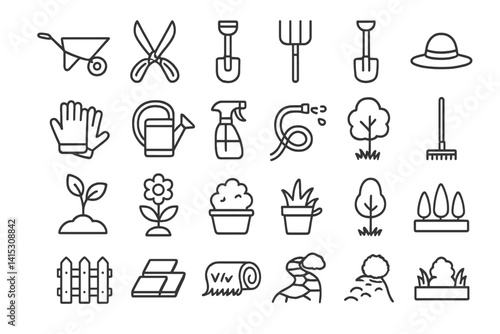 Vector illustration of gardening tools and plants for landscaping and horticulture activities in a simple line art style
