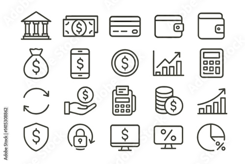 Vector illustration of financial line icons depicting various monetary concepts and tools for budgeting and investing