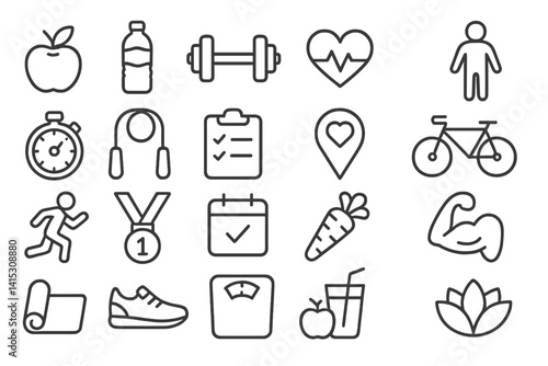 Vector illustration line icons depicting health, fitness, and wellness activities in a minimalistic and modern style