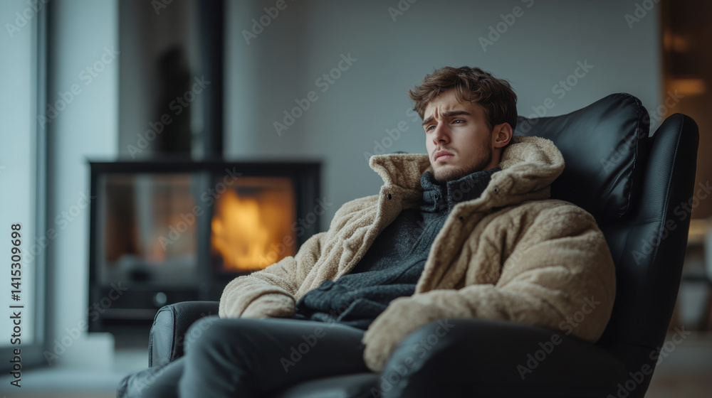 Person in winter clothes feeling cold at home depicting energy crisis challenges and heating issues in chilly weather Person in winter clothes feeling cold at home depicting energy crisis challenges and heating issues in chilly weather