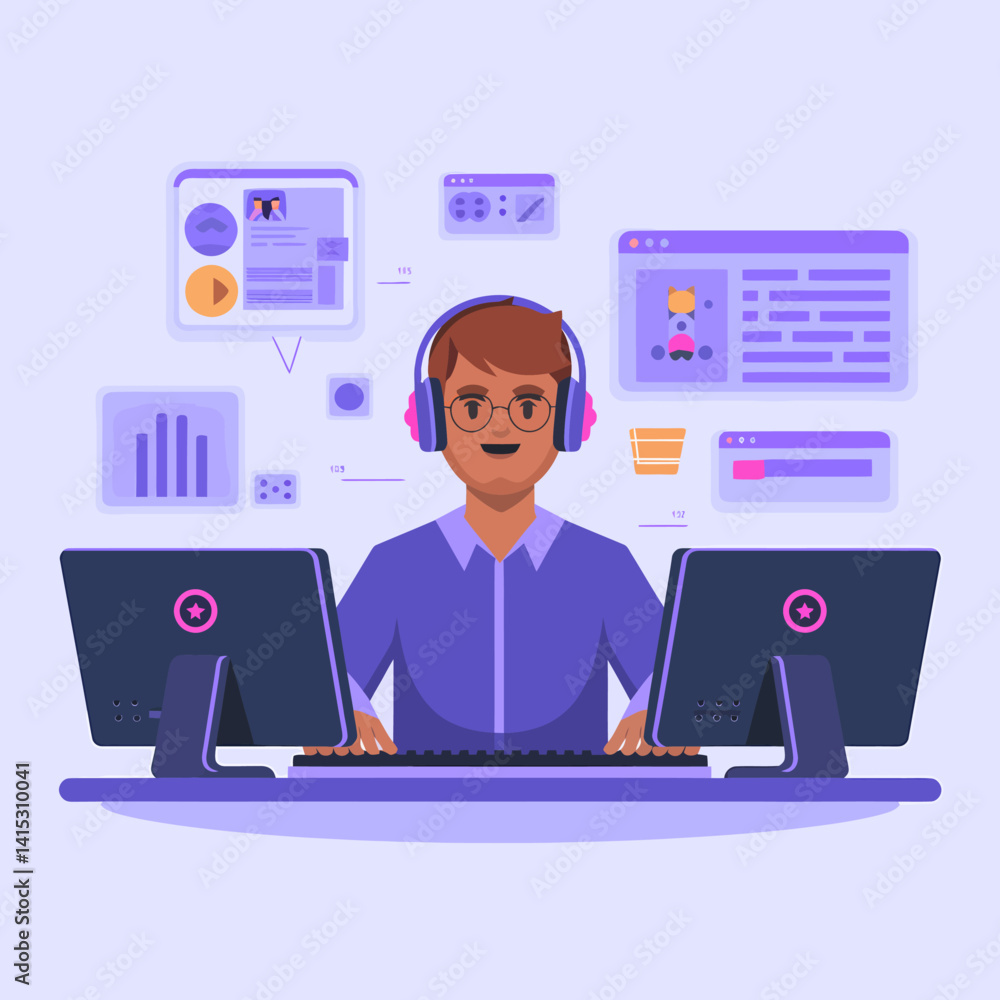 Digital Creator at Work: Person with Dual Monitors and Creative Software Digital Creator at Work: Person with Dual Monitors and Creative Software