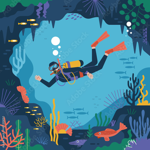 Scuba Diver Exploring Underwater Cave with Coral Reef and Marine Life