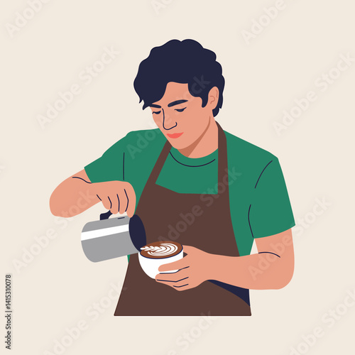 Barista pouring latte art into coffee cup. Coffee shop worker illustration.