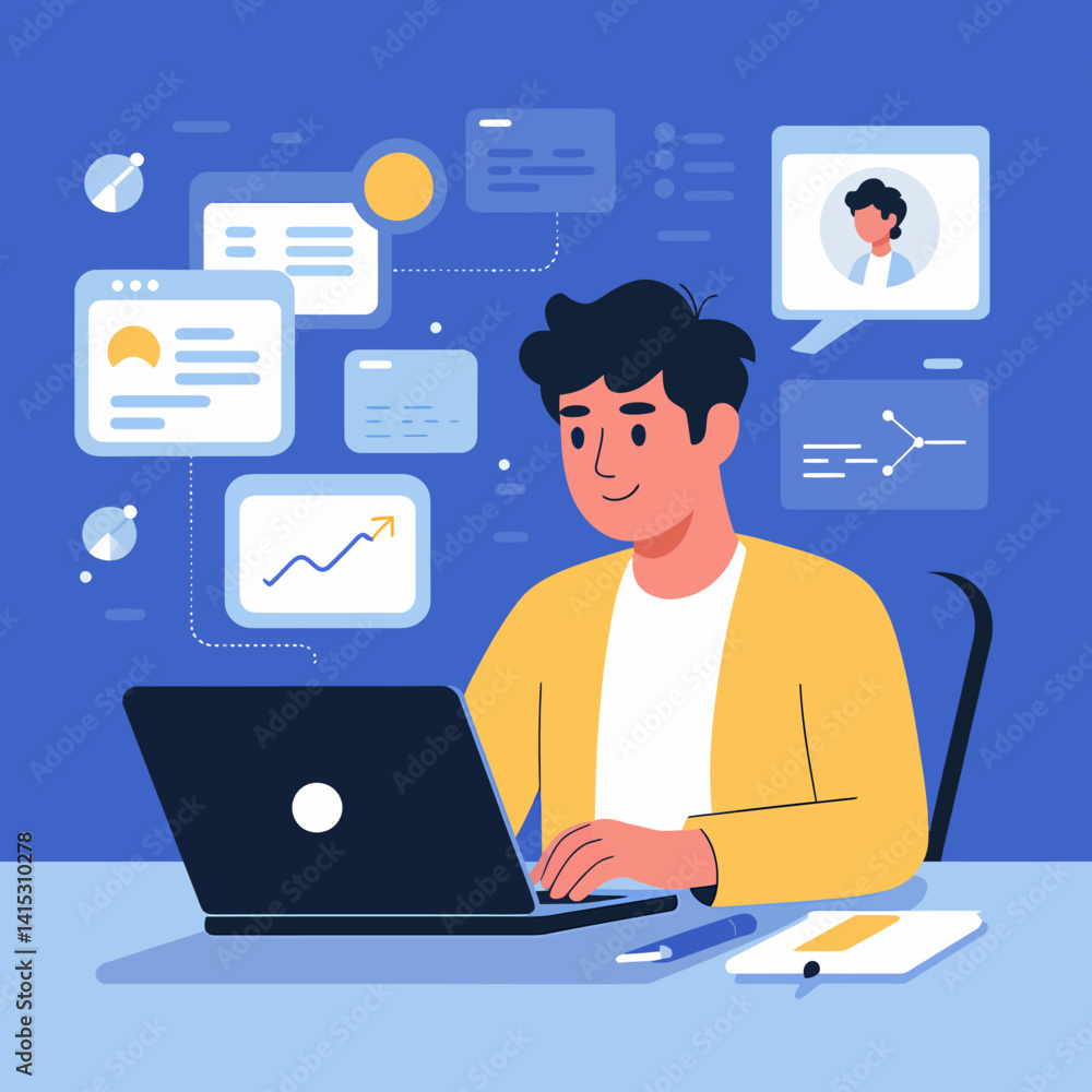 Man working on laptop with data visualizations, technology and development Man working on laptop with data visualizations, technology and development