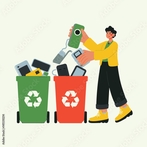 Electronic Waste Recycling: Person Disposing of Old Phones in Recycle Bins