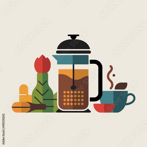Modern flat lay of french press, coffee, ginger, tulip on light background.