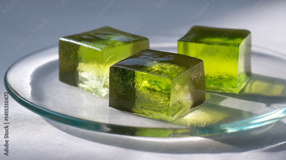 Green tea kanten jelly cubes on glass plate chilled