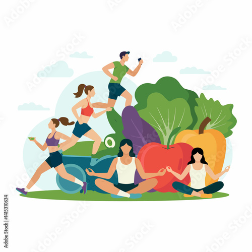 Healthy lifestyle concept: Yoga, Running and Nutrition. Vector illustration