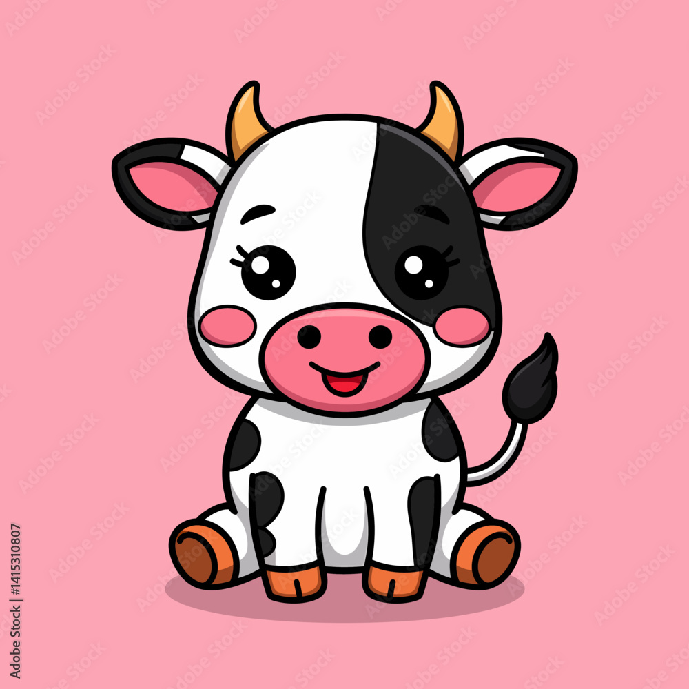 Cute Cartoon Cow Sitting on Pink Background - Farm Animal Illustration Cute Cartoon Cow Sitting on Pink Background - Farm Animal Illustration