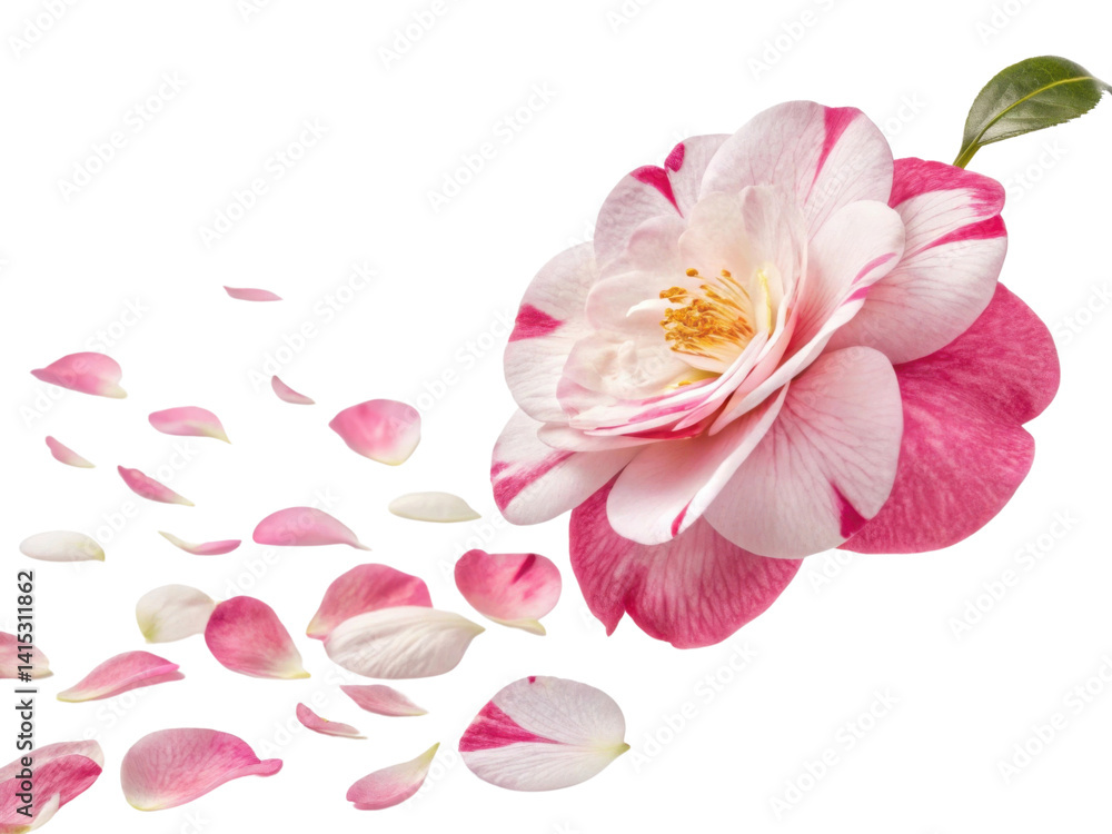 beautiful camellia flower with delicate pink and white petals gracefully falls, creating serene and enchanting scene beautiful camellia flower with delicate pink and white petals gracefully falls, creating serene and enchanting scene