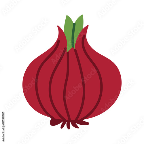 A cartoon drawing of a red onion with a green stem. The onion is sitting on a white background