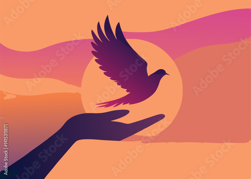  Vibrant illustration of a hand releasing a bird against a sunset background, symbolizing freedom, peace, and new beginnings, perfect for inspirational, nature, and motivational designs.