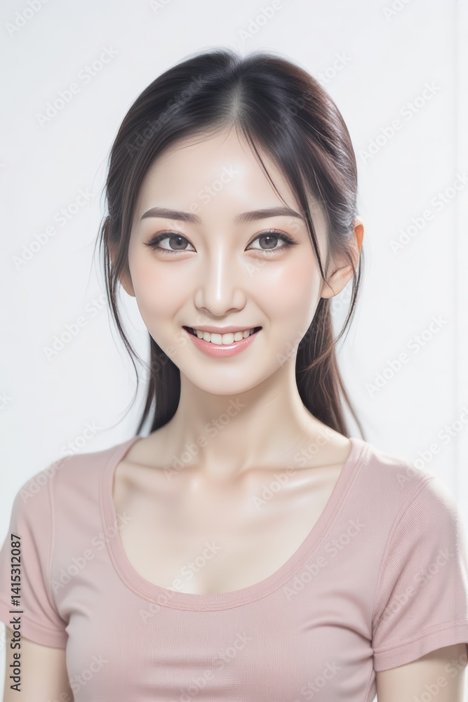 Smiling Asian Woman Portrait, Natural Beauty, Clean Background, Casual Pink T-shirt, Headshot Smiling Asian Woman Portrait, Natural Beauty, Clean Background, Casual Pink T-shirt, Headshot