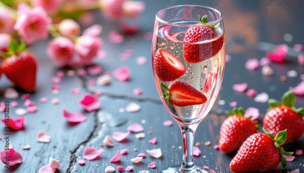 Sparkling Strawberry Drink on Dark Table Sparkling Strawberry Drink on Dark Table
