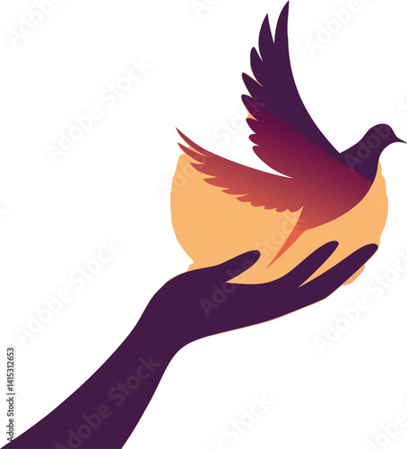  Vibrant illustration of a hand releasing a bird against a sunset background, symbolizing freedom, peace, and new beginnings, perfect for inspirational, nature, and motivational designs.