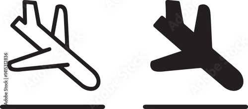 Simple airplane icon, landing or takeoff illustration, geometric shapes, airport signage style, flat vector art, transportation symbol, 