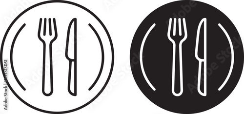 Minimalist restaurant icons, fork and knife silhouettes, plate symbols, geometric food service logos,vector illustration style