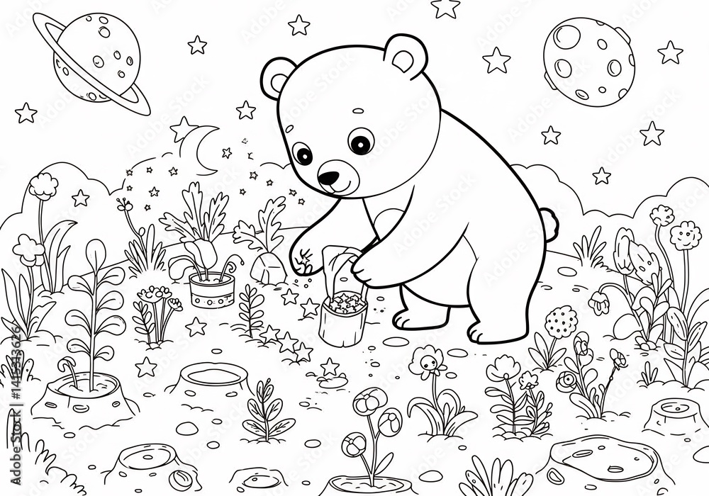 Naklejka premium Cute Panda Cub Amongst Space Flowers