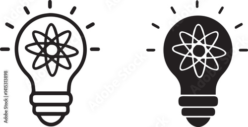 Light bulb, atom symbol, innovation, scientific discovery, black and white illustration, minimalist design, contrasting ideas, energy concept, knowledge