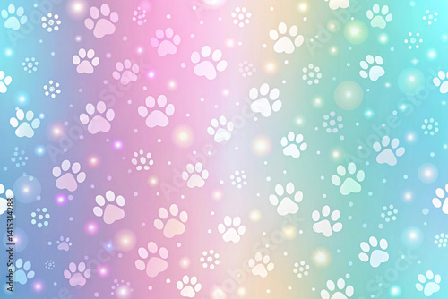 Pastel gradient with cartoon paw prints and bouncing dots