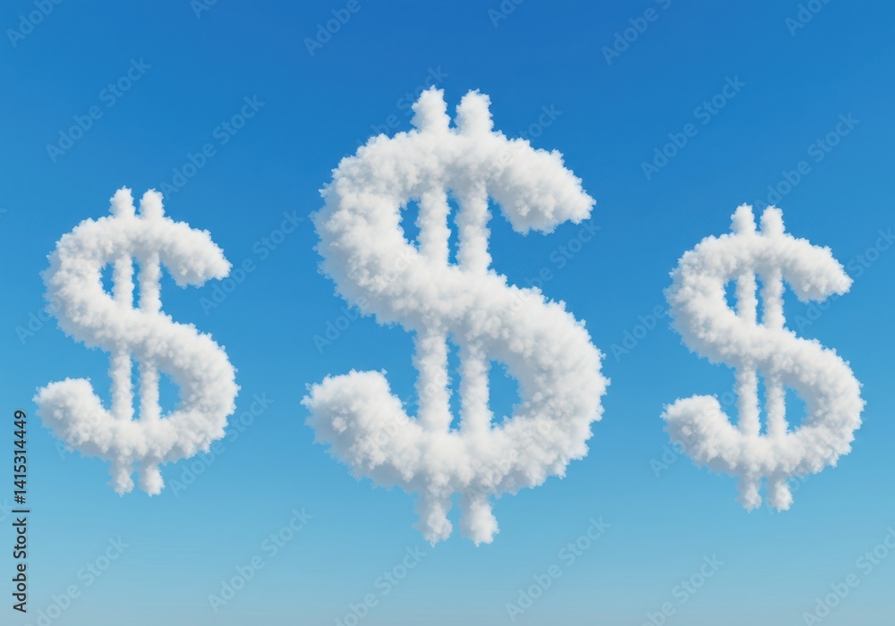 Three cloud-shaped dollar signs against a blue sky Three cloud-shaped dollar signs against a blue sky