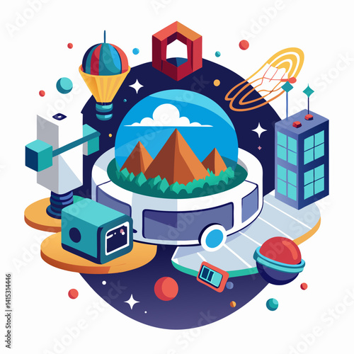 Isometric Space Station With Landscape Inside Dome Surrounded By Planets And Structures