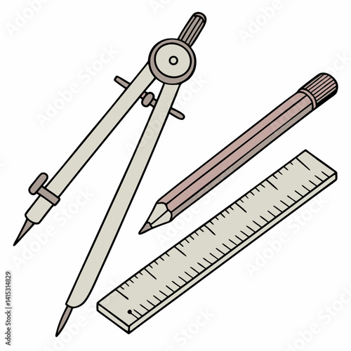 Illustration Of Geometry Compass Pencil And Ruler For Technical Drawing Tools