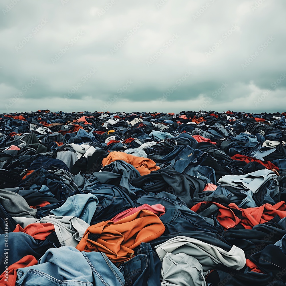 Fototapeta premium A vast landscape covered in a chaotic heap of discarded clothing, emphasizing issues of waste and textile pollution under a cloudy sky.