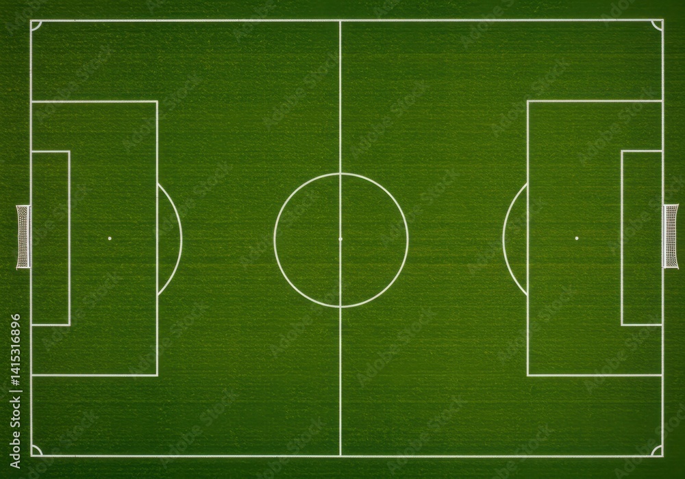 Overhead view of a soccer field with white markings Overhead view of a soccer field with white markings