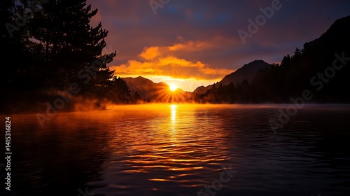 Sunrise over a misty mountain river valley.