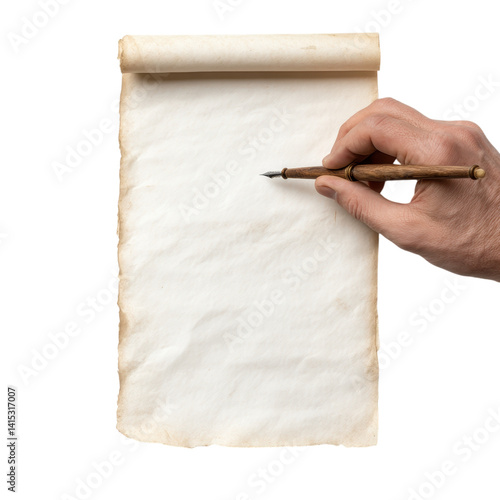 An artistic representation of a person writing with a quill pen on parchment paper in a classic setting.