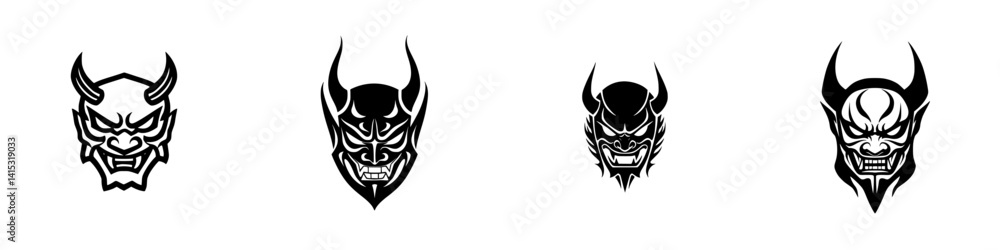 Bold vector illustration of menacing demon masks showcasing intricate designs and fierce expressions capturing the essence of ancient folklore