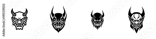 Obraz na płótnie Bold vector illustration of menacing demon masks showcasing intricate designs and fierce expressions capturing the essence of ancient folklore w salonie
