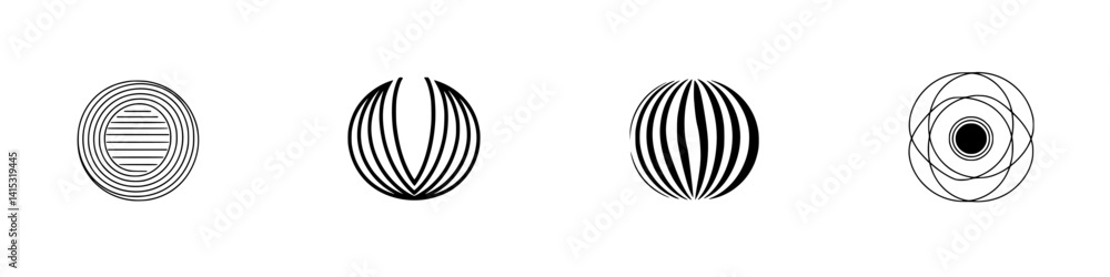 Vector illustration icons of abstract circular designs showcasing various line patterns and shapes for creative projects Vector illustration icons of abstract circular designs showcasing various line patterns and shapes for creative projects