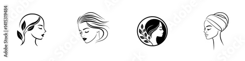 Elegant vector icons showcasing diverse female profiles with natural elements highlighting beauty and wellness themes