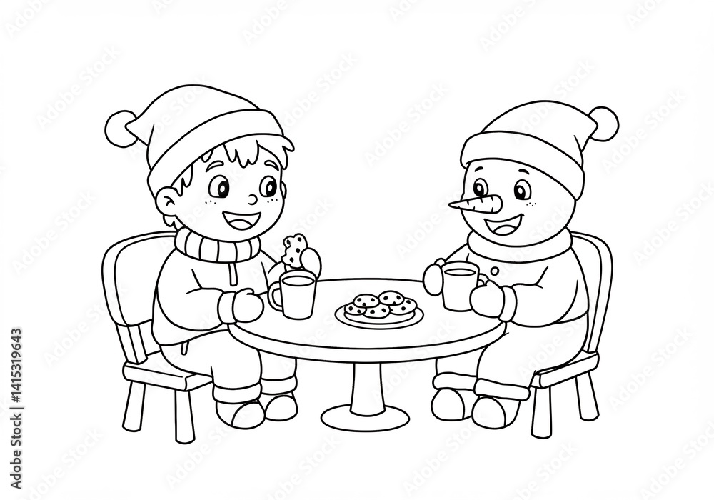 Two Children Enjoying Warm Drinks and Snacks at a Table Outdoors in Winter Two Children Enjoying Warm Drinks and Snacks at a Table Outdoors in Winter