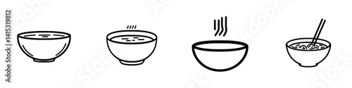 Vector illustration of various bowls representing different types of soup served with chopsticks