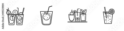 Vector illustration of refreshing beverages arranged artistically with fruits and straws in a minimalist design